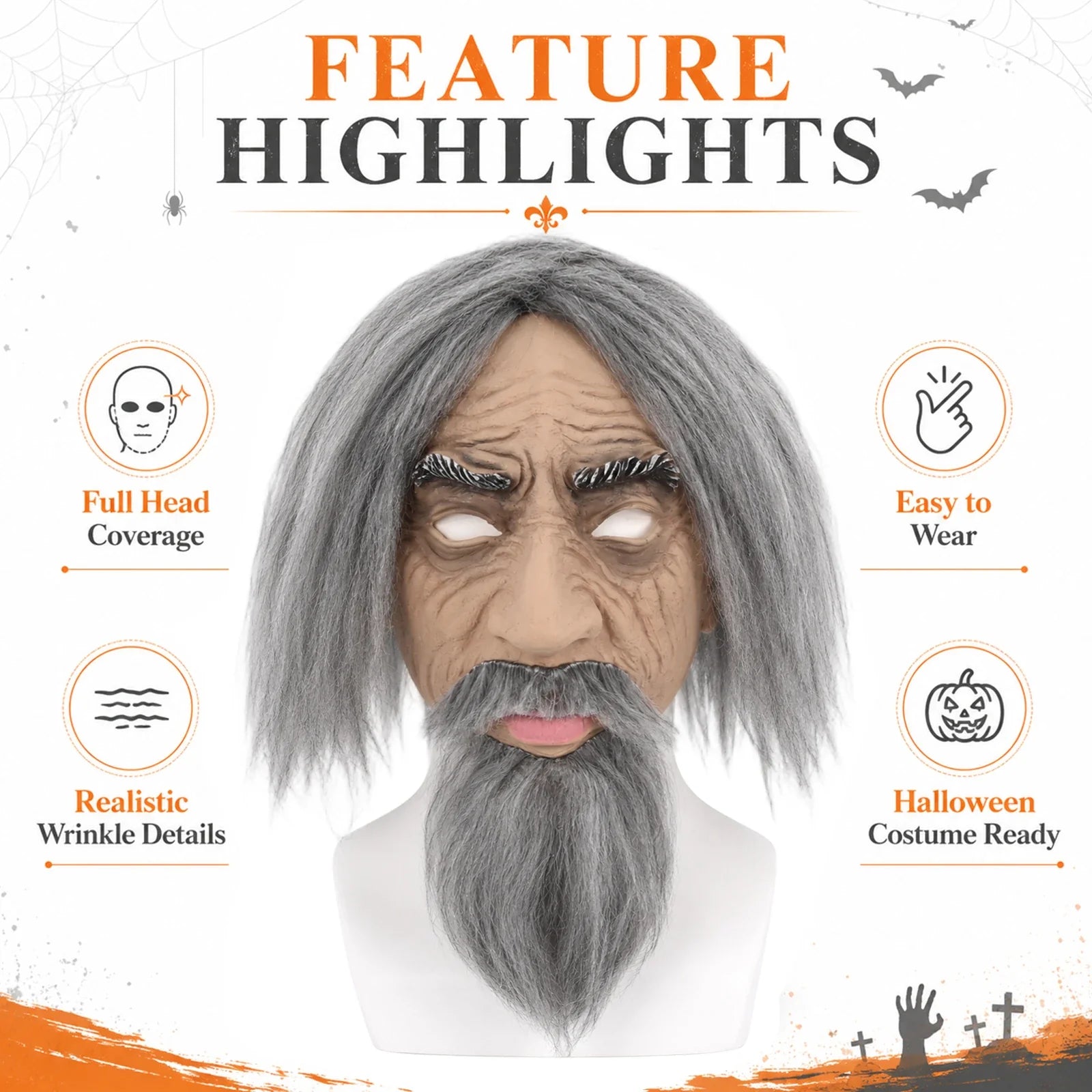 Included pieces and key product features for the Gray-Haired Old Man Mask with Beard