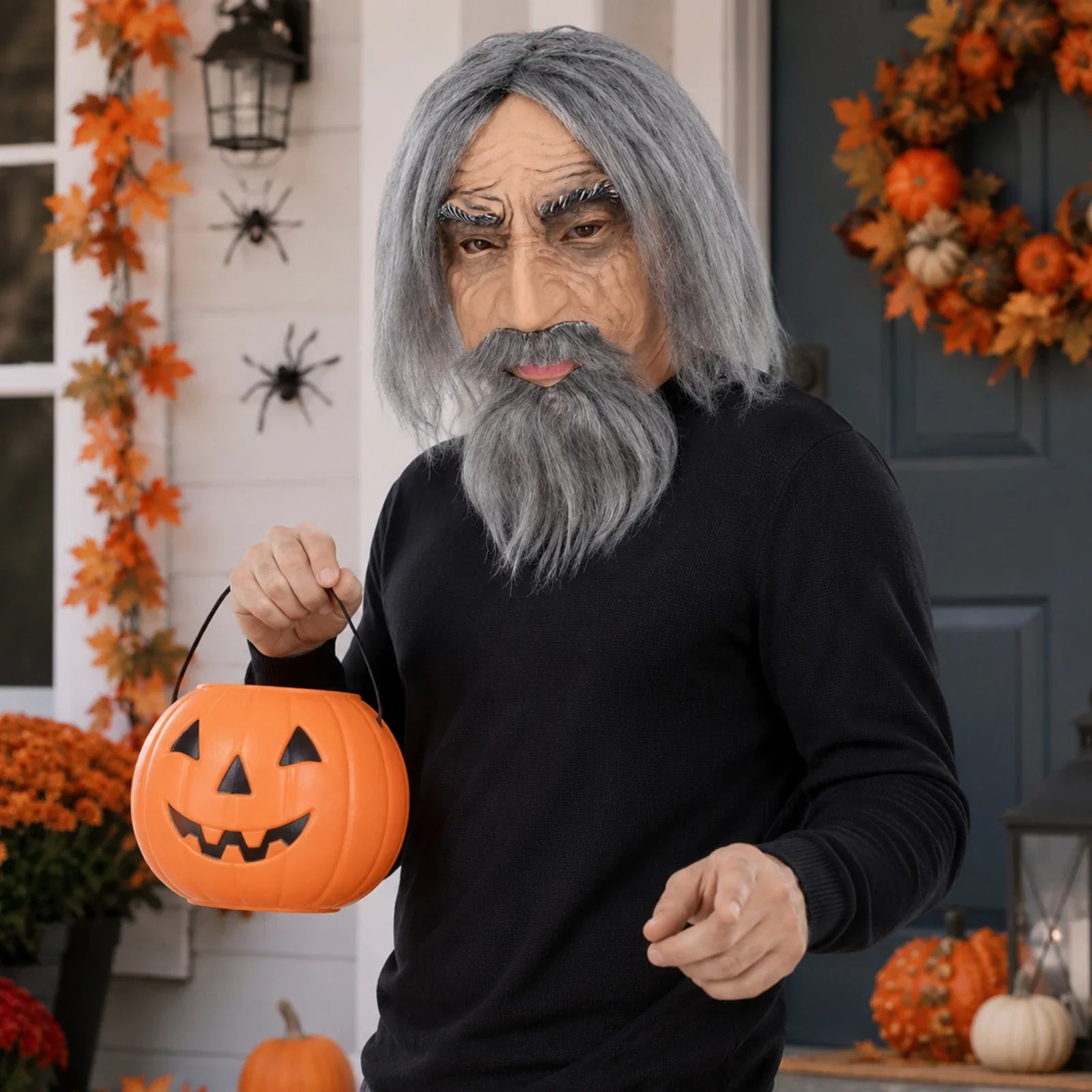 Model wearing the Gray-Haired Old Man Mask with Beard in a Halloween costume setting