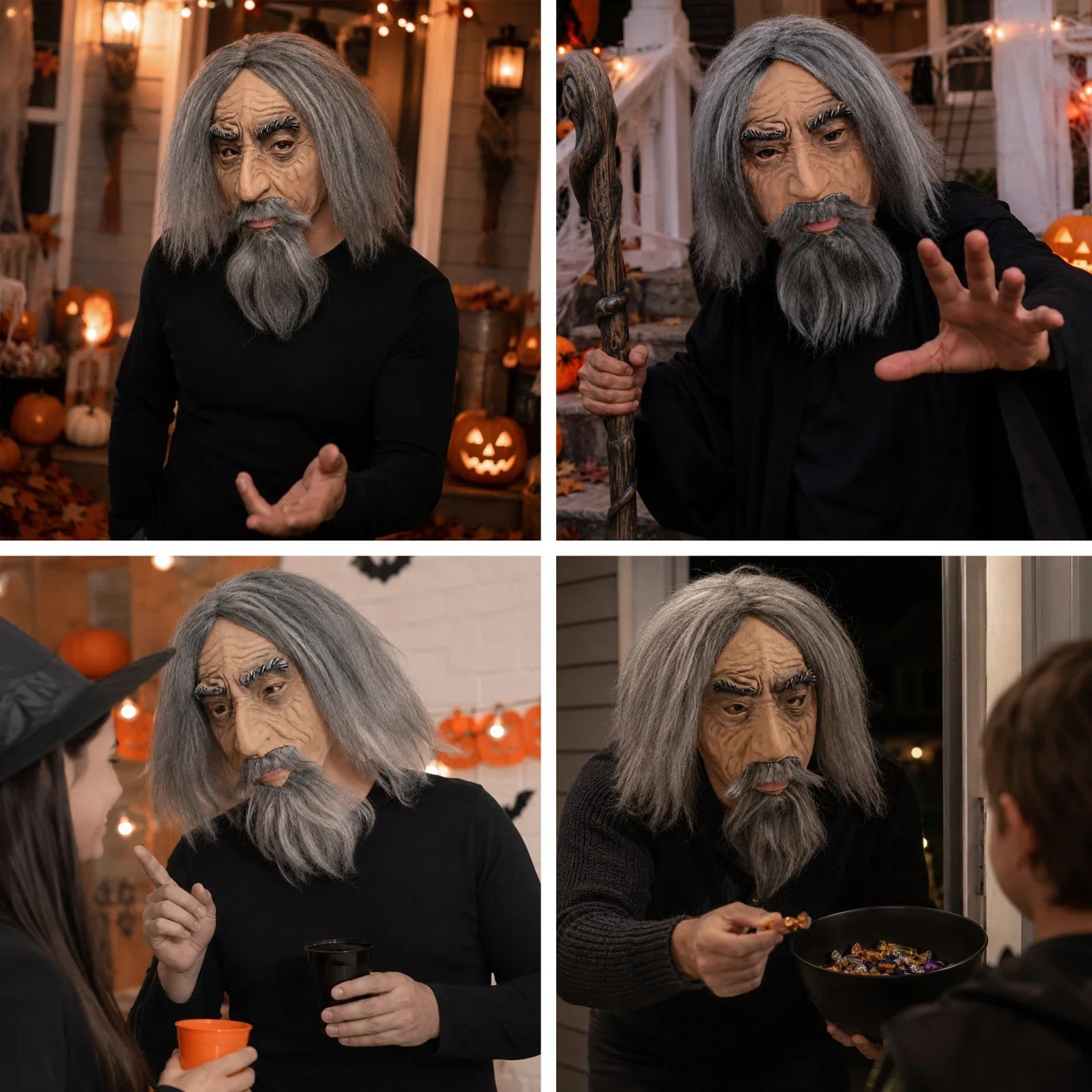 The Gray-Haired Old Man Mask with Beard shown in a second Halloween scene