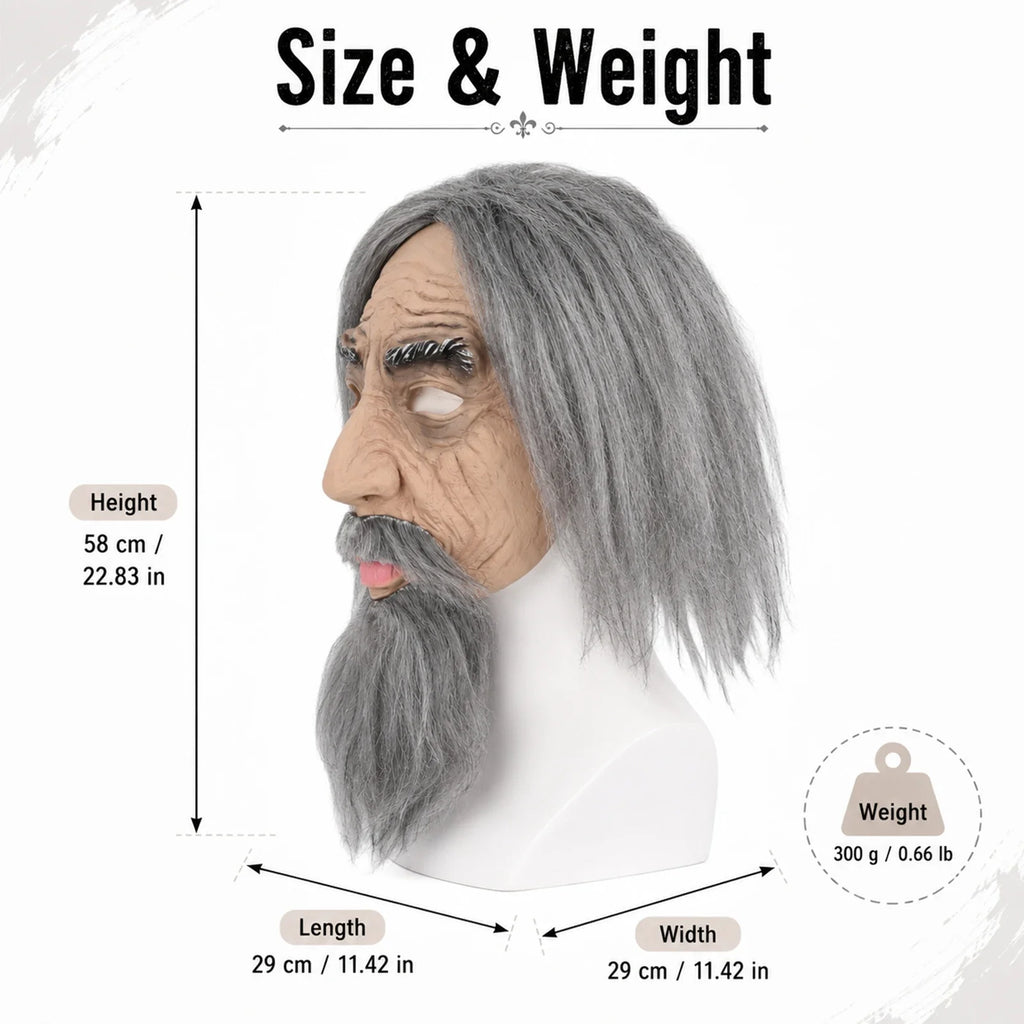 Size guide for the Gray-Haired Old Man Mask with Beard, with product and package measurements