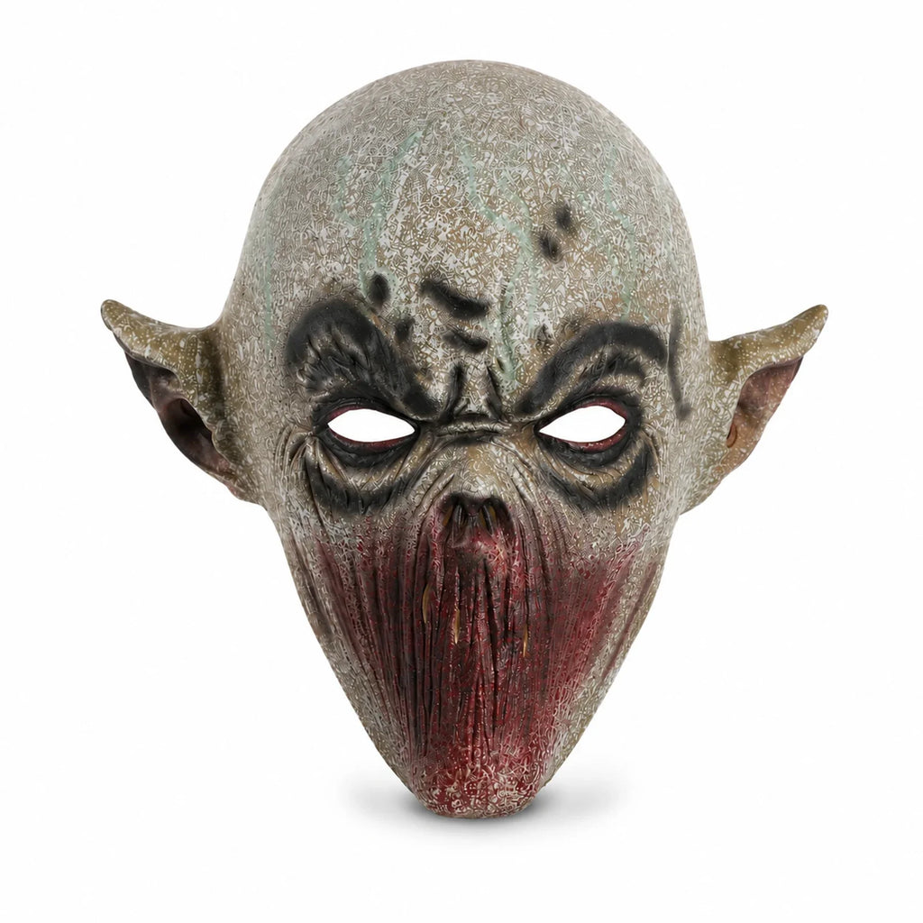 Front and three-quarter views of the Gray Mouthless Alien Mask