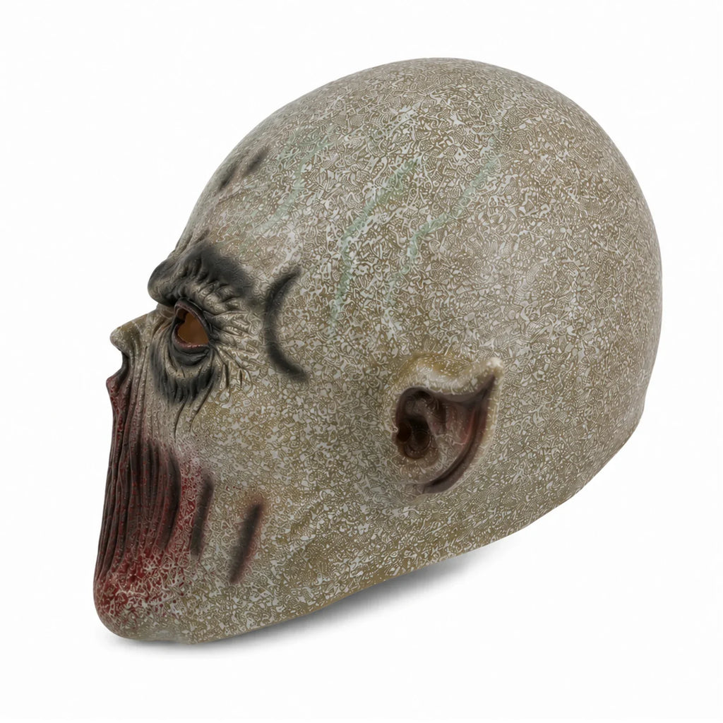 Side and rear views of the Gray Mouthless Alien Mask