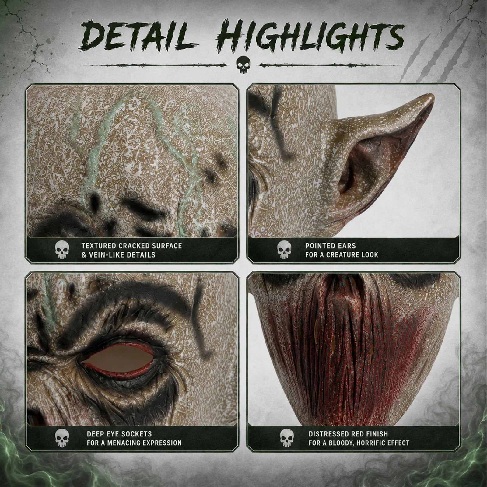 Close-up of the Gray Mouthless Alien Mask, showing texture and construction details