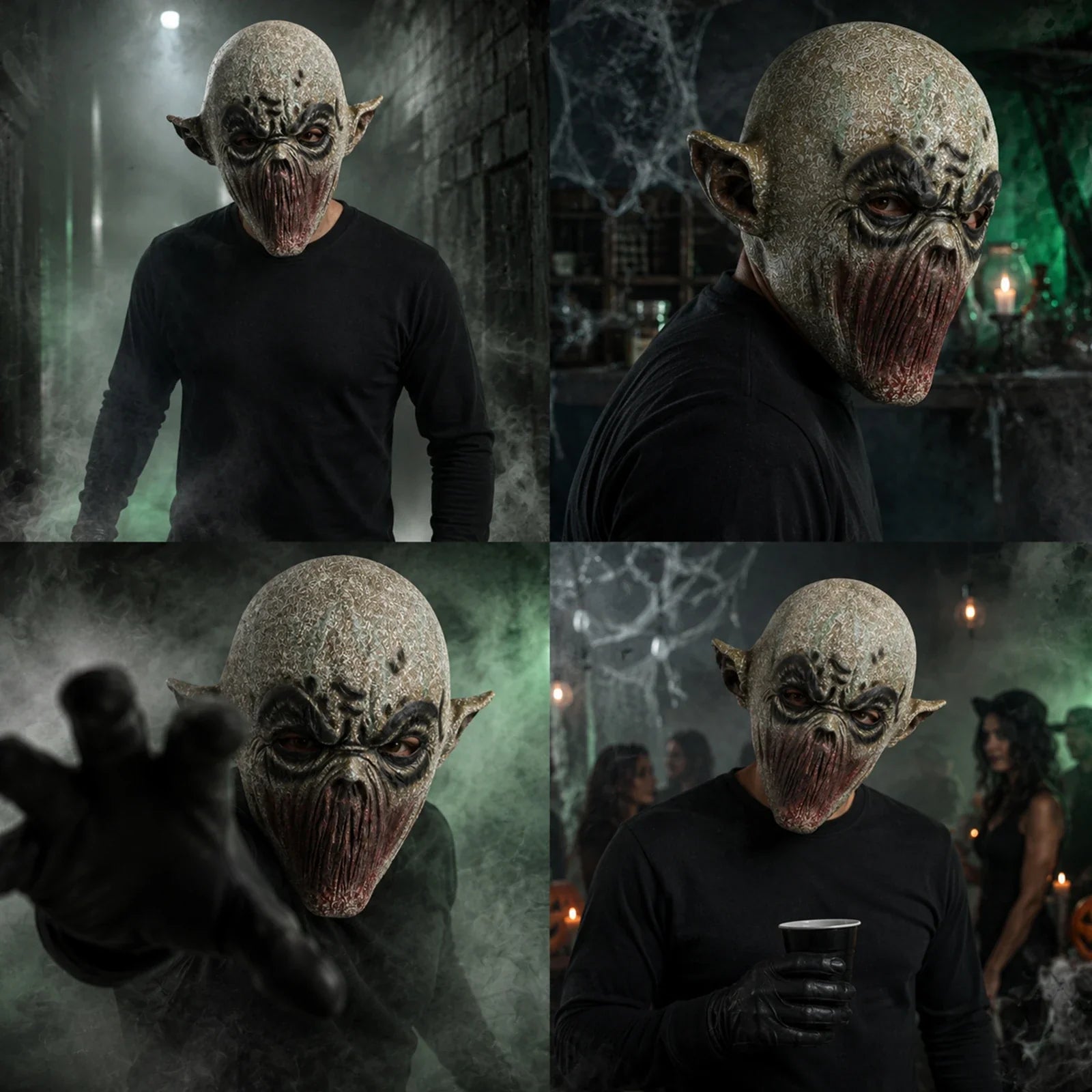The Gray Mouthless Alien Mask shown in a second Halloween scene