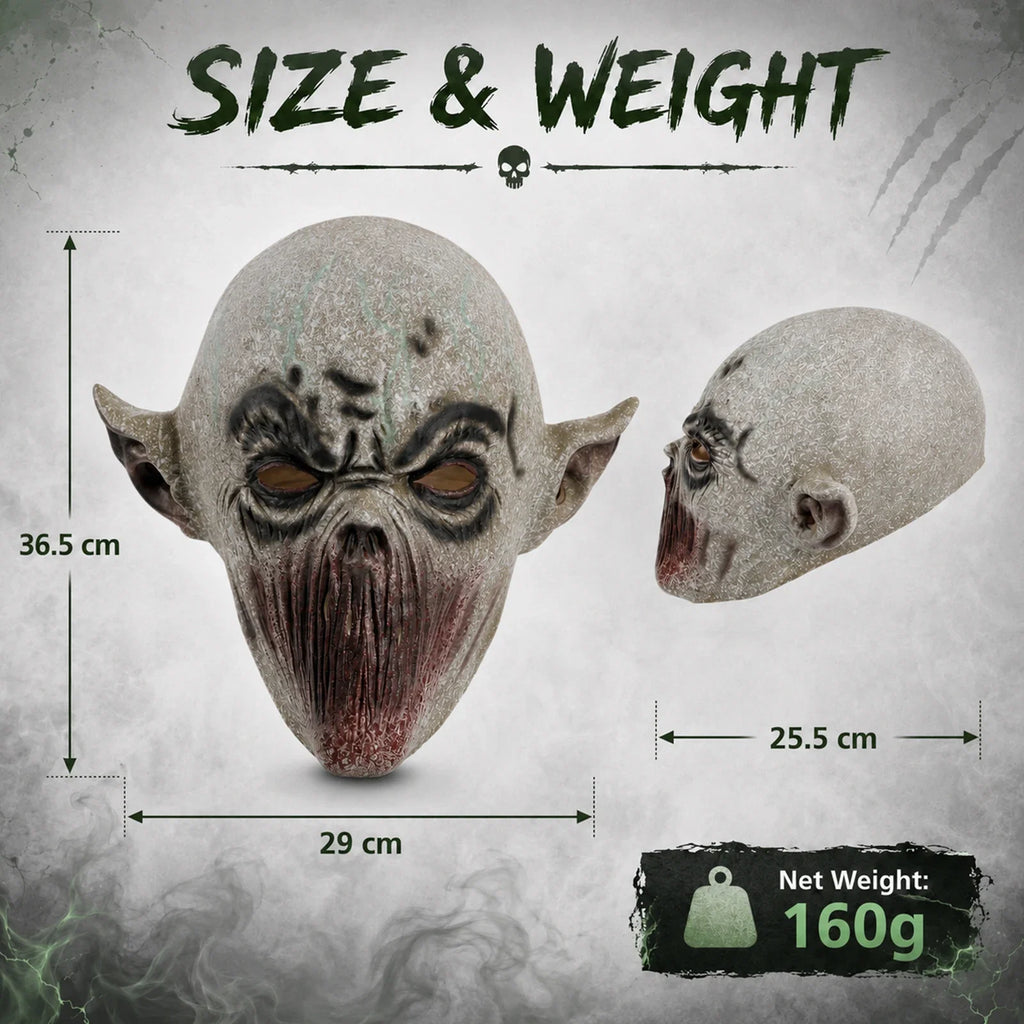 Size guide for the Gray Mouthless Alien Mask, with product and package measurements