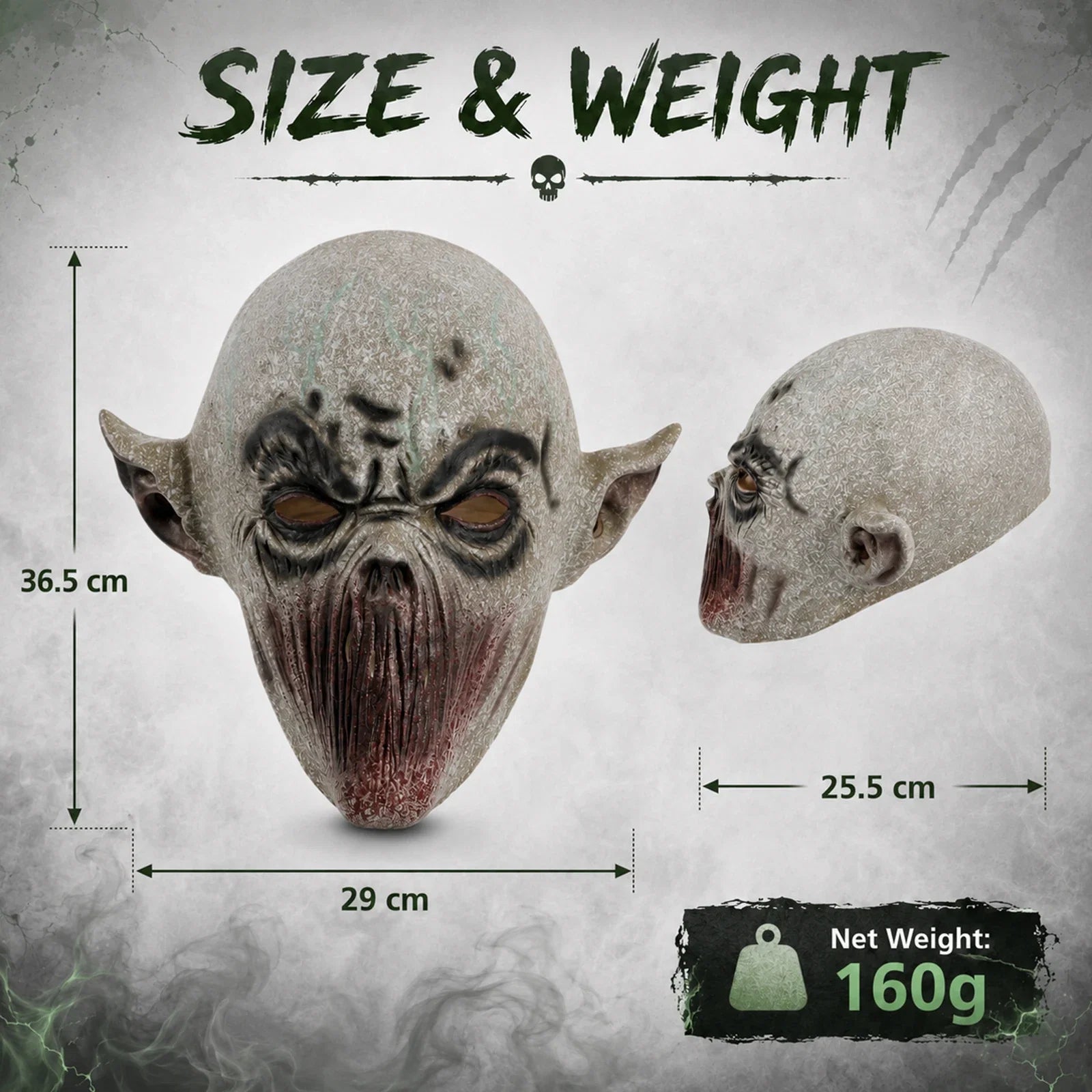 Size guide for the Gray Mouthless Alien Mask, with product and package measurements