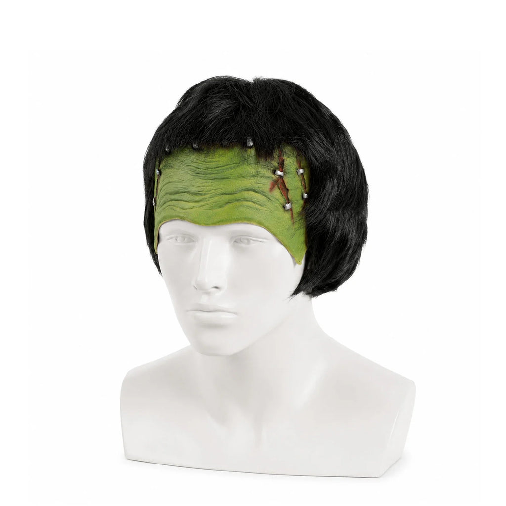 Front and three-quarter views of the Green Monster Half-Face Headpiece with Wig