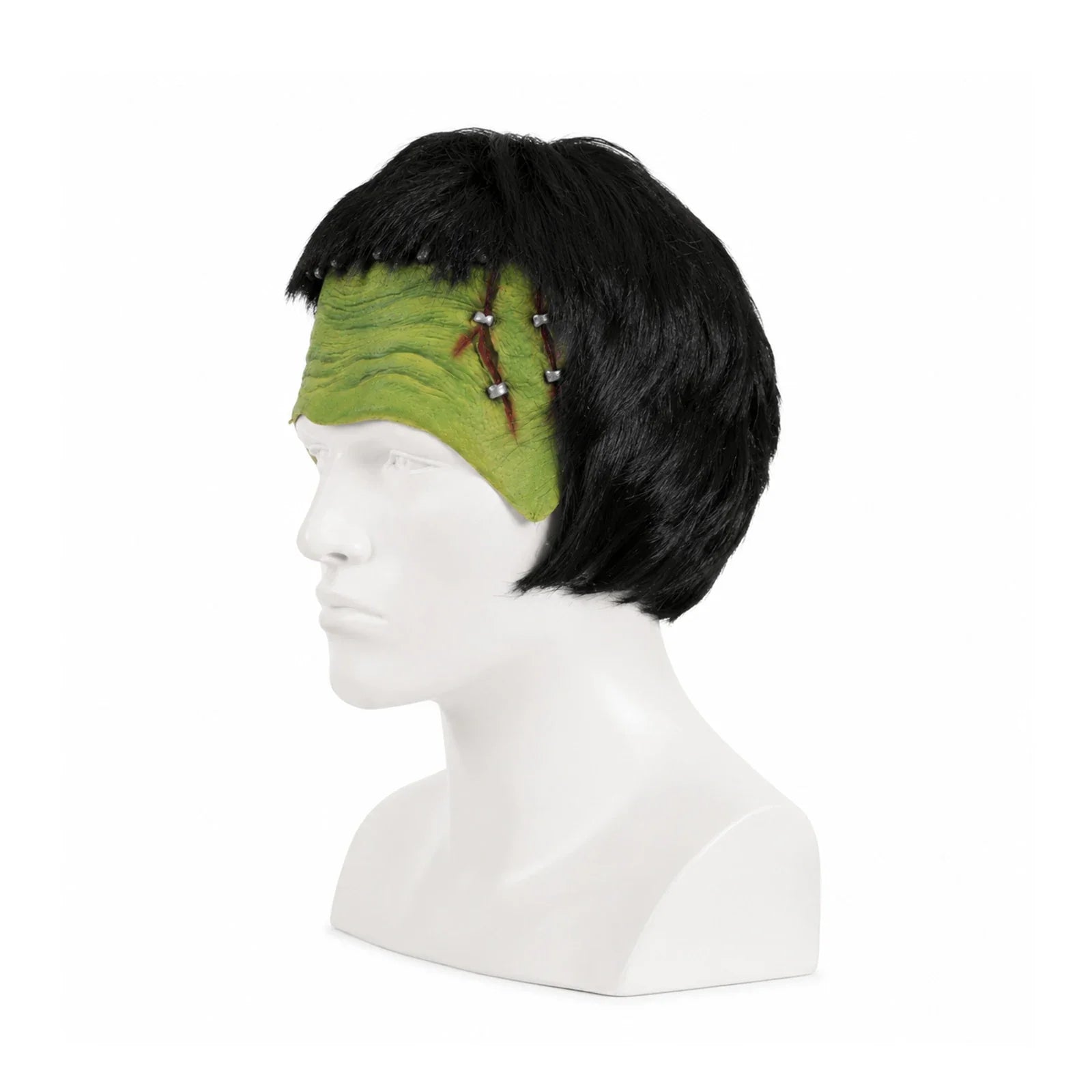 Side and rear views of the Green Monster Half-Face Headpiece with Wig