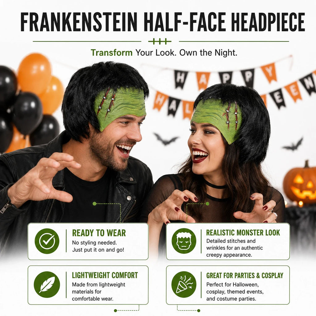 Included pieces and key product features for the Green Monster Half-Face Headpiece with Wig