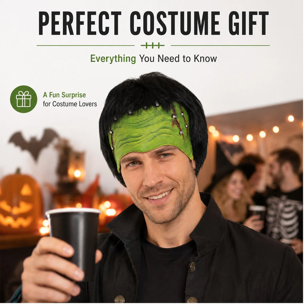 Model wearing the Green Monster Half-Face Headpiece with Wig in a Halloween costume setting
