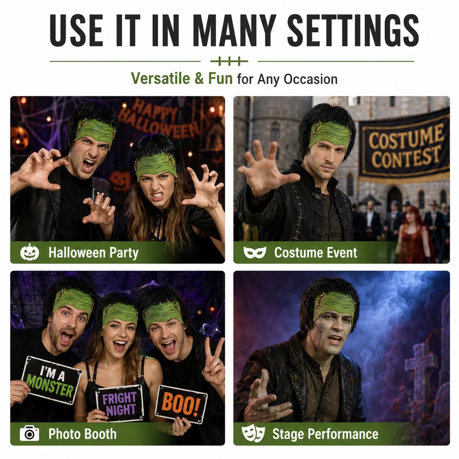 The Green Monster Half-Face Headpiece with Wig shown in a second Halloween scene