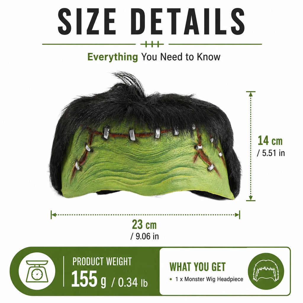 Size guide for the Green Monster Half-Face Headpiece with Wig, with product and package measurements
