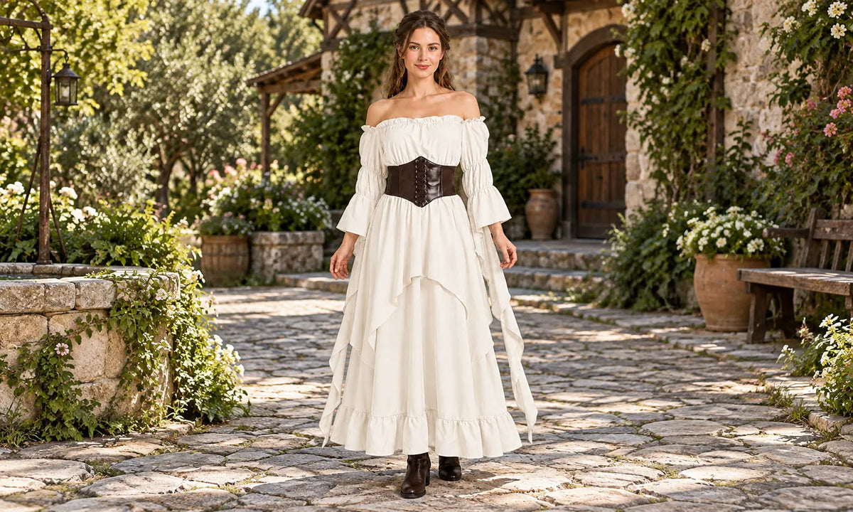 Woman in an ivory off-shoulder Renaissance costume with a brown lace-up waist belt and boots in a cottage garden