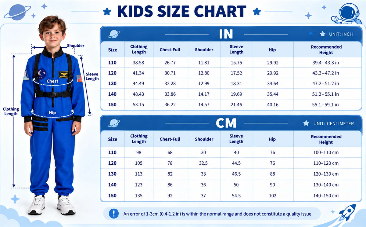 Size chart beside a child in a blue astronaut jumpsuit lists garment measurements and suggested wearer height without an age column.