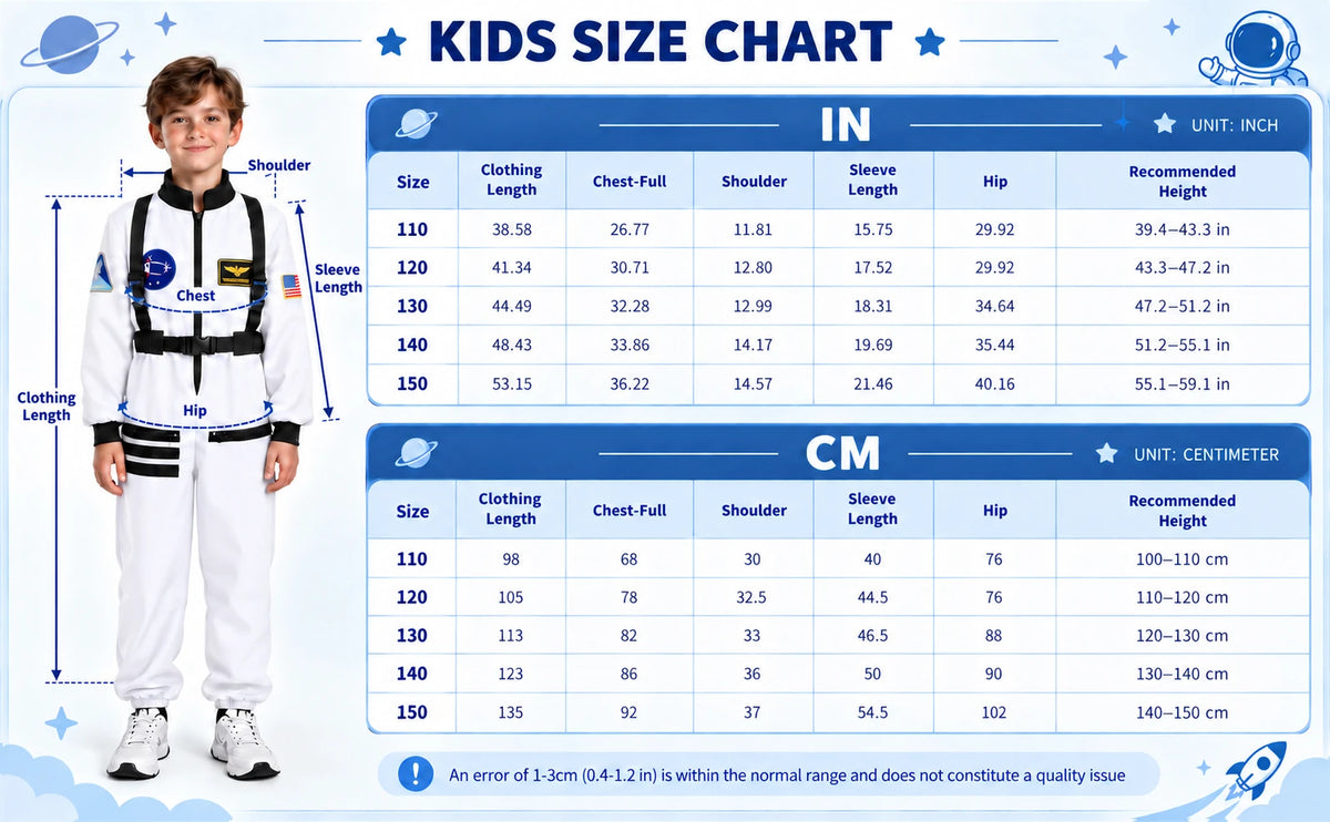 Size chart beside a child in a white astronaut jumpsuit lists garment measurements and suggested wearer height without an age column.