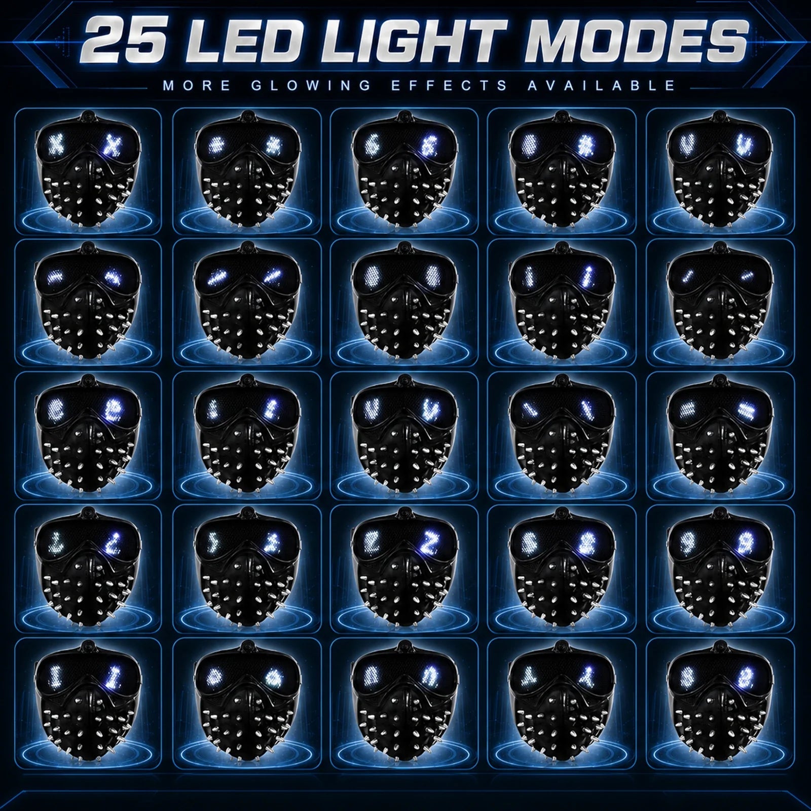 Included pieces and key product features for the Light-Up Black Watchdog Mask