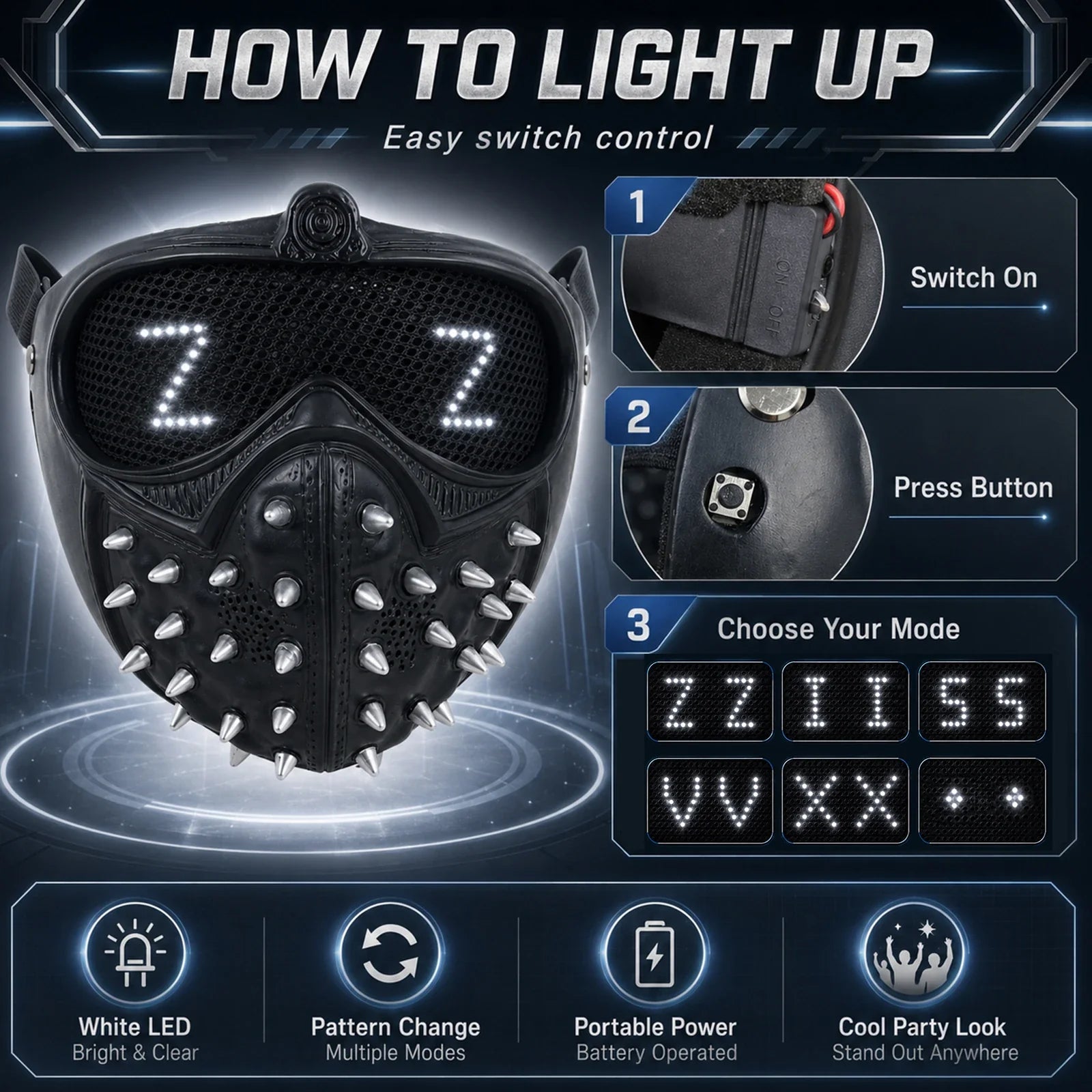 Additional accessory and feature overview for the Light-Up Black Watchdog Mask