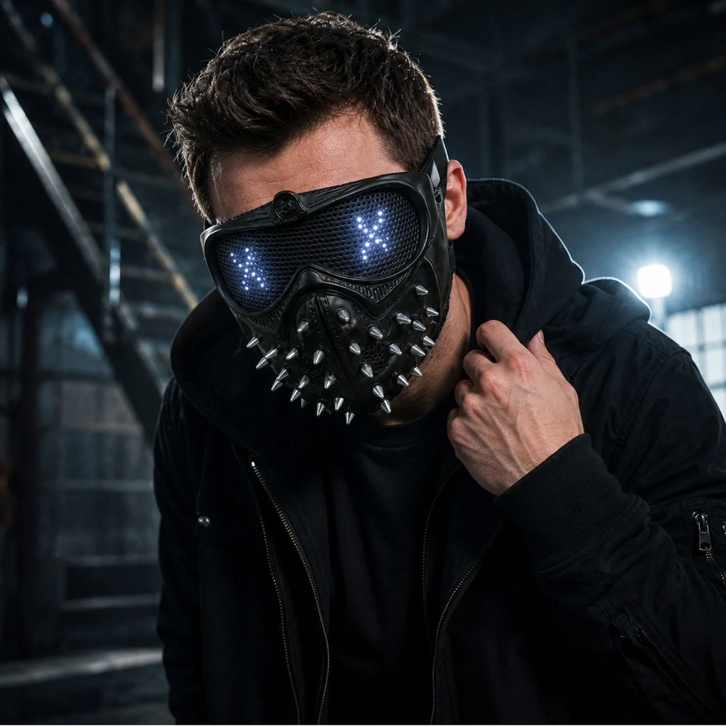 Model wearing the Light-Up Black Watchdog Mask in a Halloween costume setting