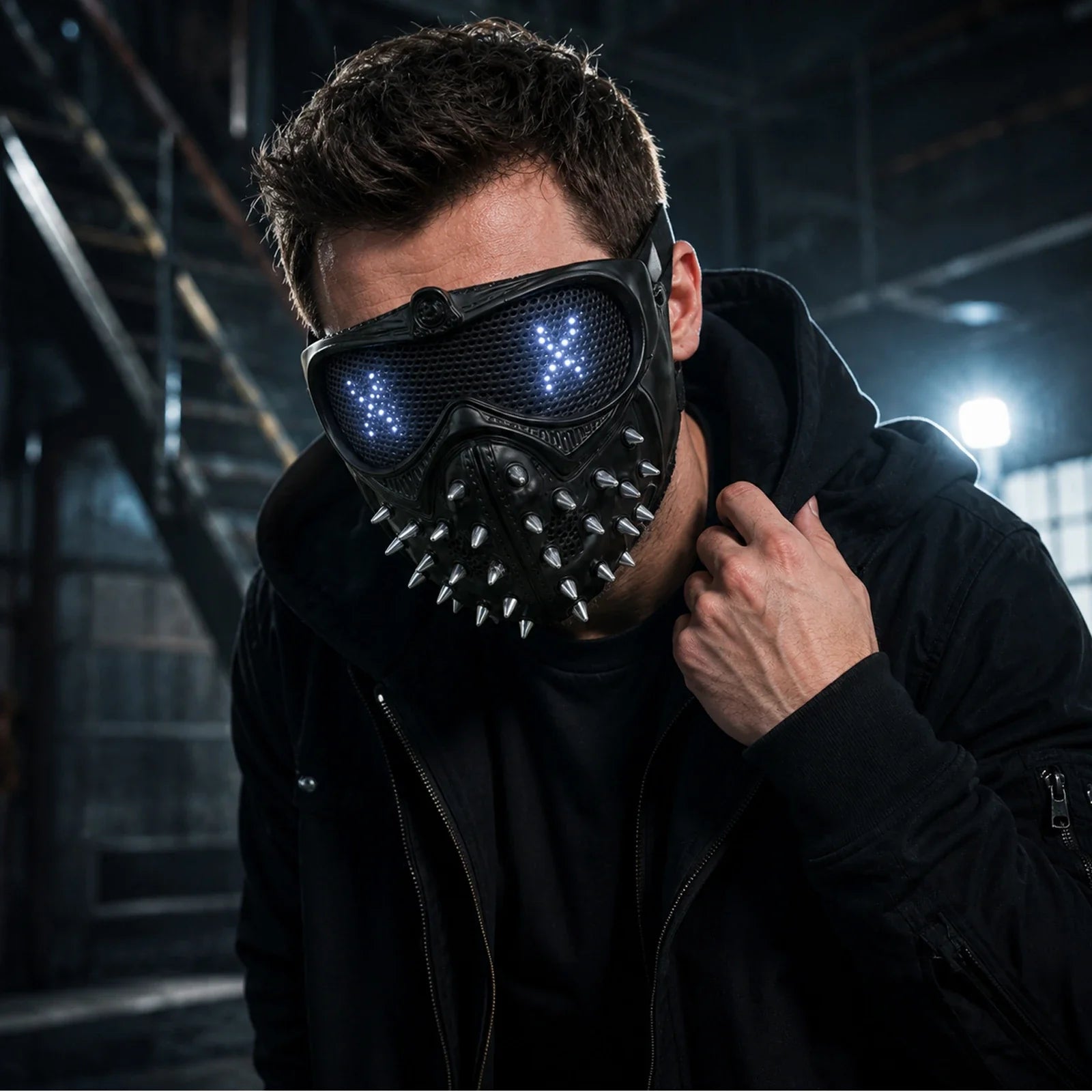 Model wearing the Light-Up Black Watchdog Mask in a Halloween costume setting