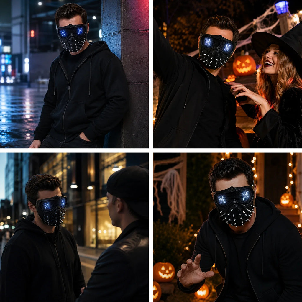 The Light-Up Black Watchdog Mask shown in a second Halloween scene