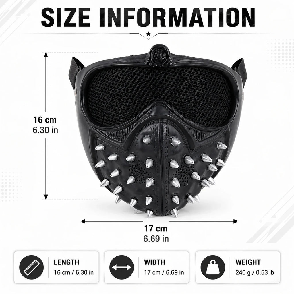 Size guide for the Light-Up Black Watchdog Mask, with product and package measurements