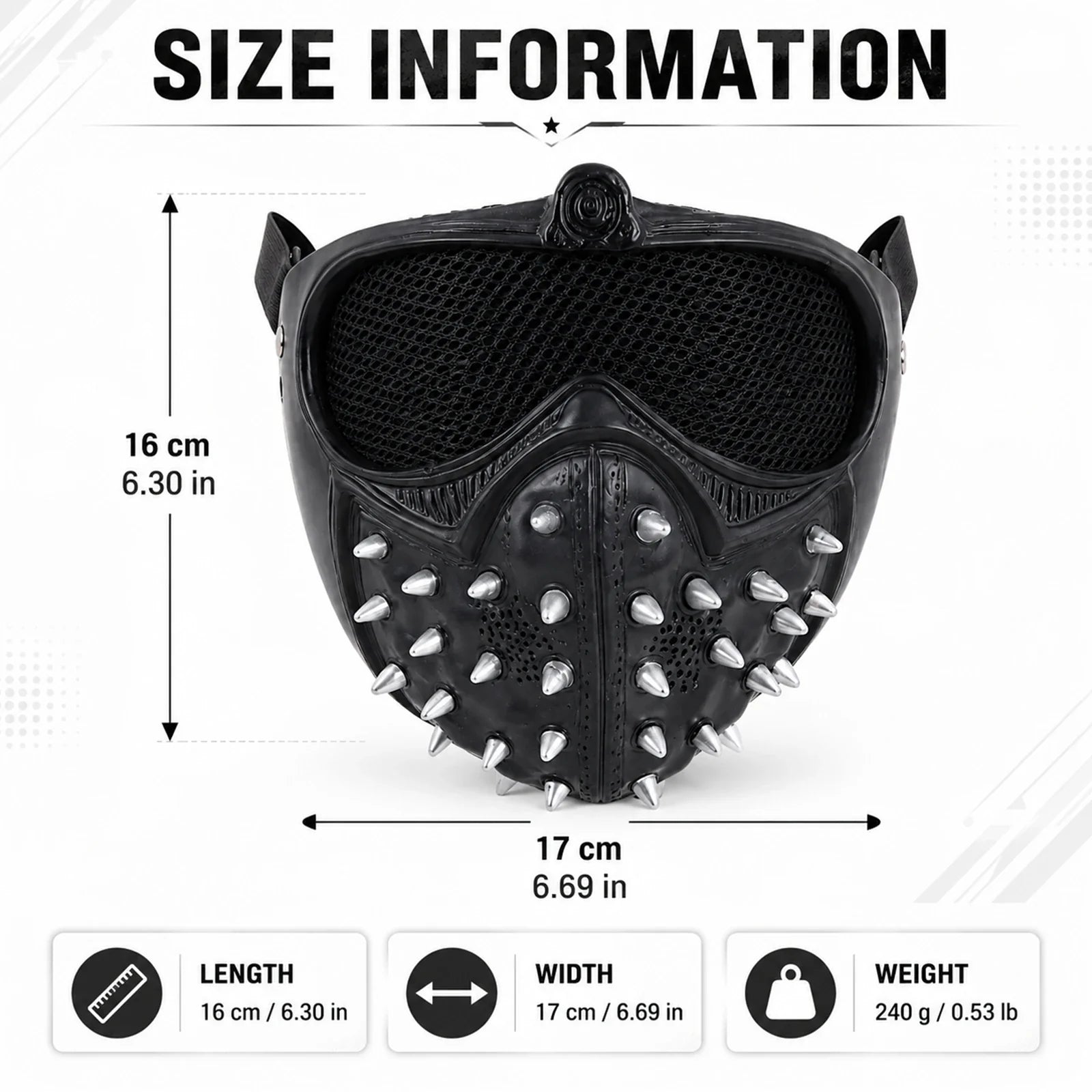 Size guide for the Light-Up Black Watchdog Mask, with product and package measurements