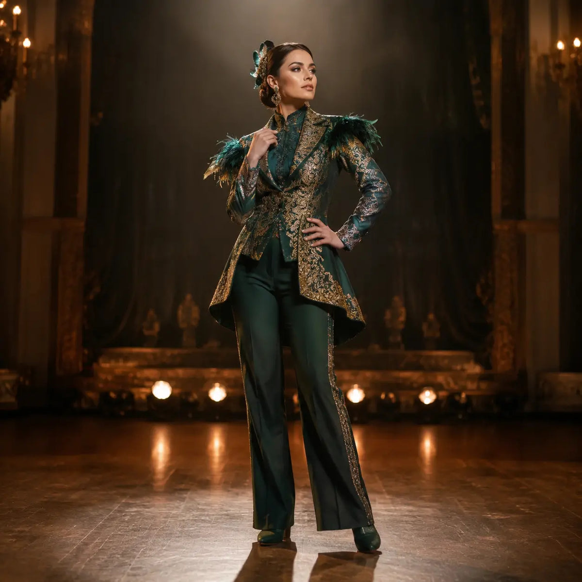Adult woman in an emerald and gold performance outfit on a theater stage
