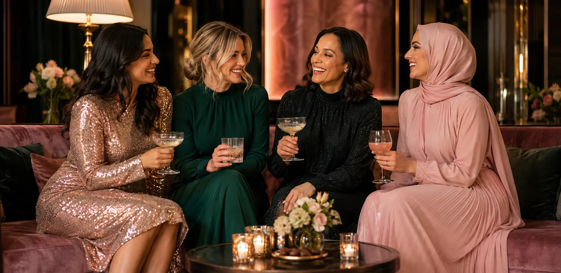 Four adult women in coordinated occasionwear celebrating together in an elegant lounge