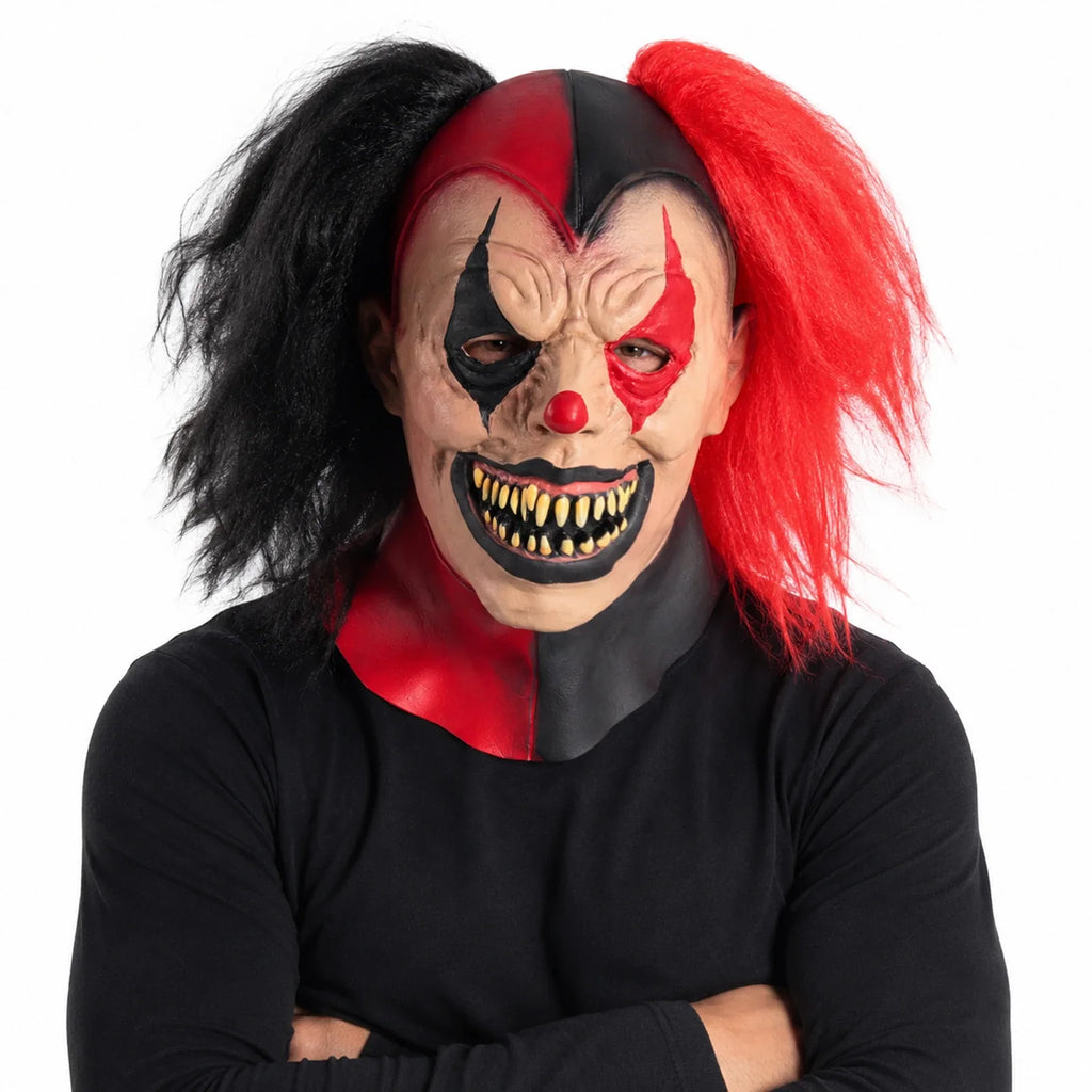 Alternate front view of the Red & Black Hair Evil Clown Mask on a clean background