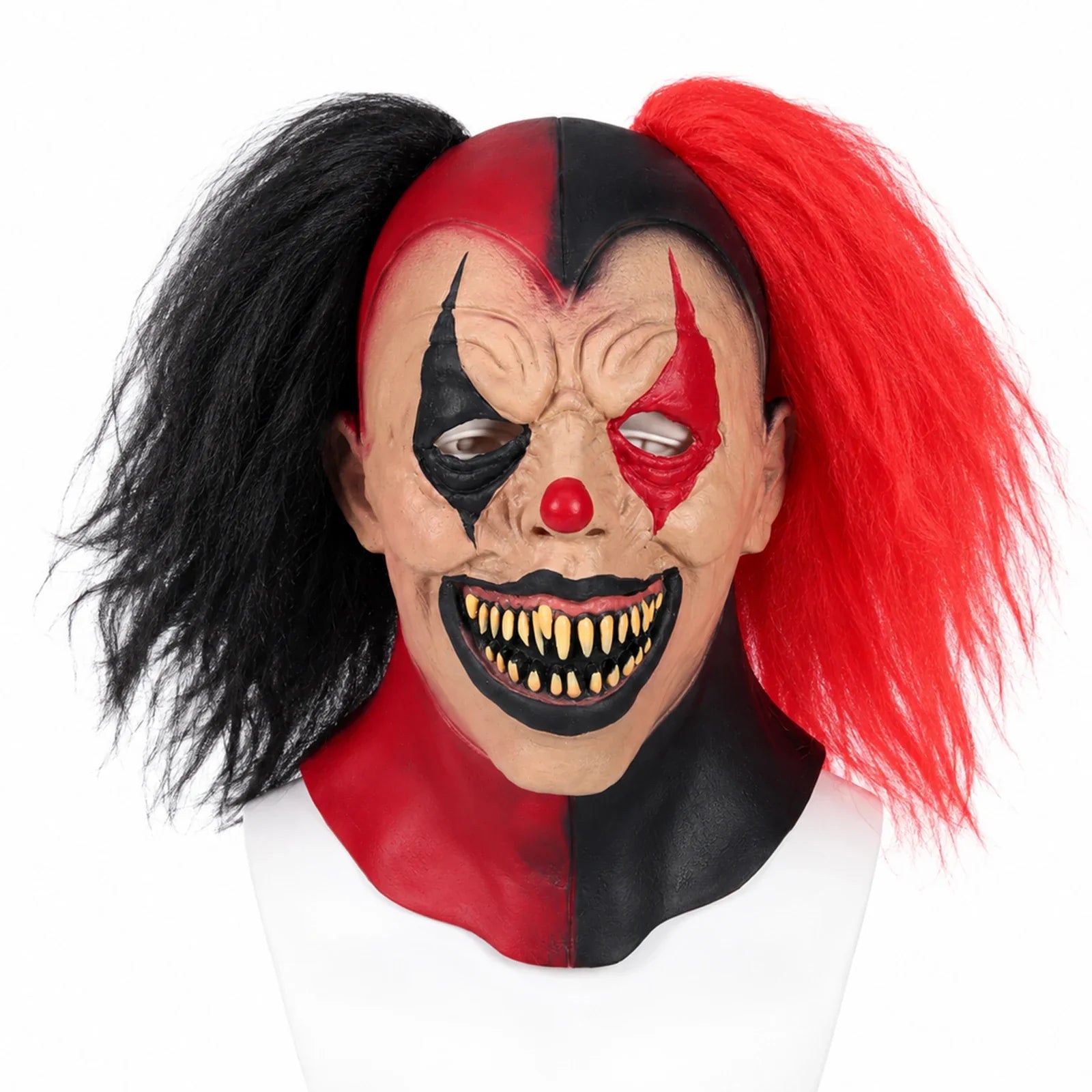 Front and three-quarter views of the Red & Black Hair Evil Clown Mask