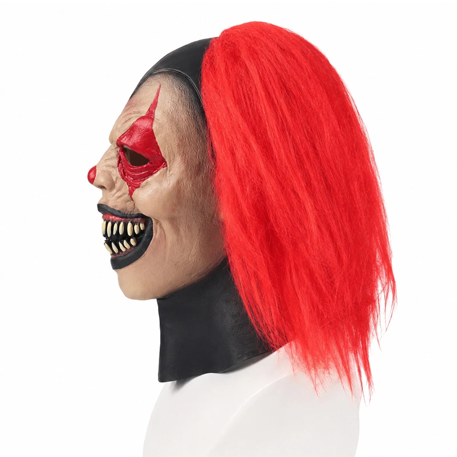 Side and rear views of the Red & Black Hair Evil Clown Mask