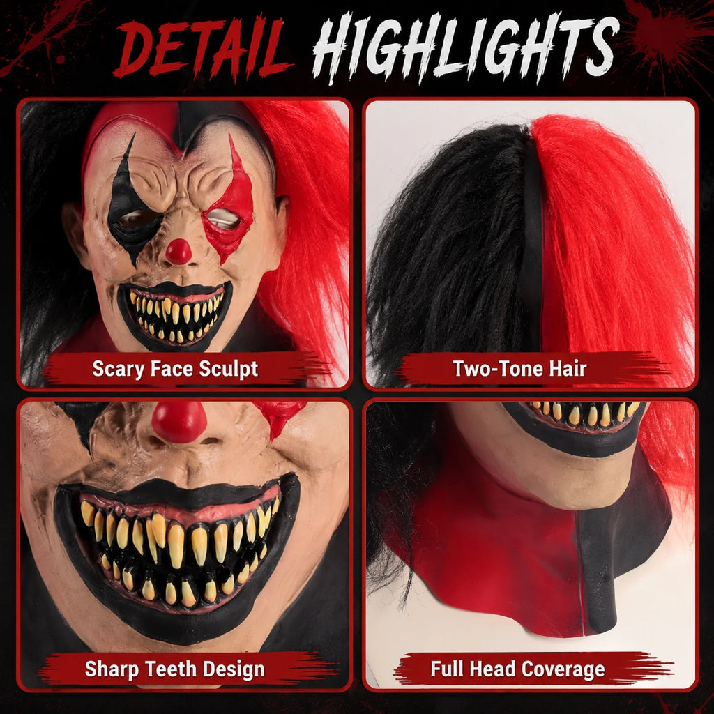 Close-up of the Red & Black Hair Evil Clown Mask, showing texture and construction details