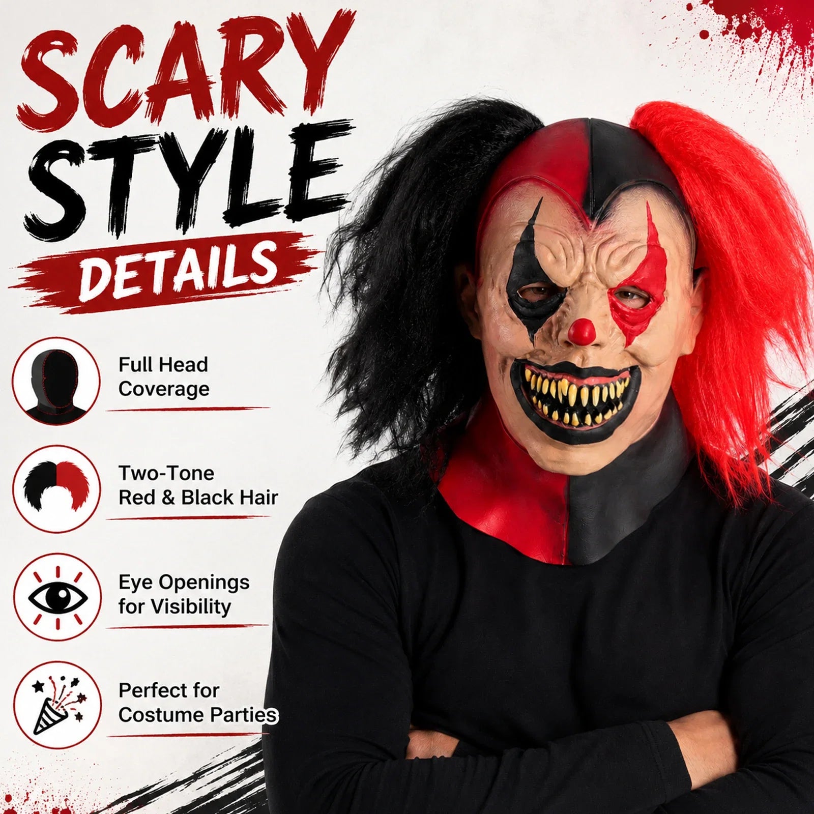 Included pieces and key product features for the Red & Black Hair Evil Clown Mask