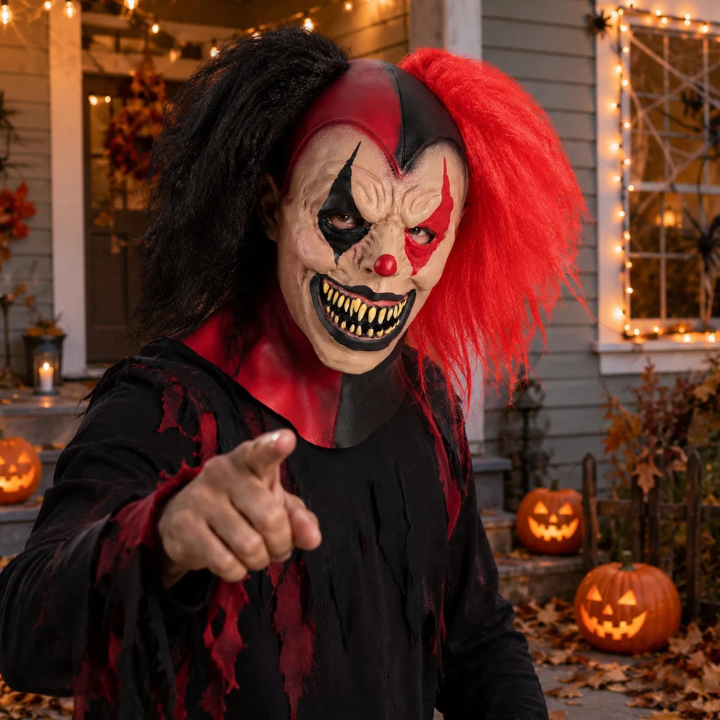 Model wearing the Red & Black Hair Evil Clown Mask in a Halloween costume setting