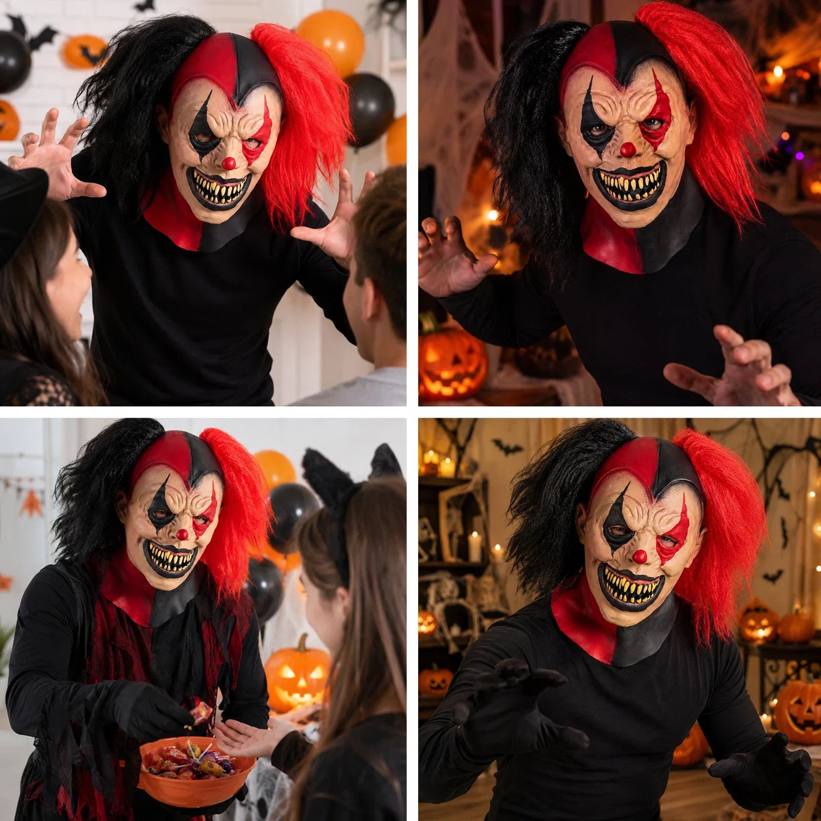 The Red & Black Hair Evil Clown Mask shown in a second Halloween scene