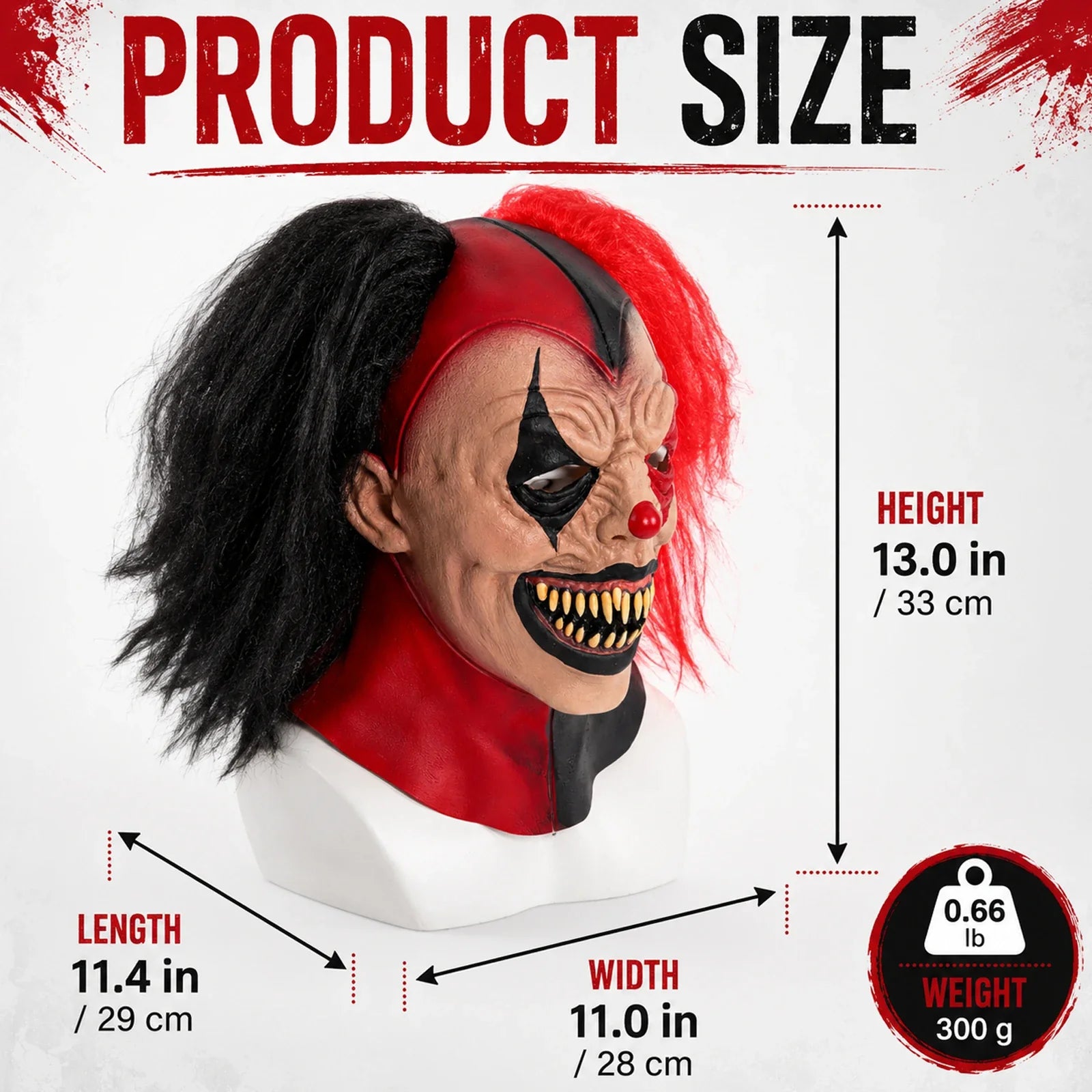 Size guide for the Red & Black Hair Evil Clown Mask, with product and package measurements