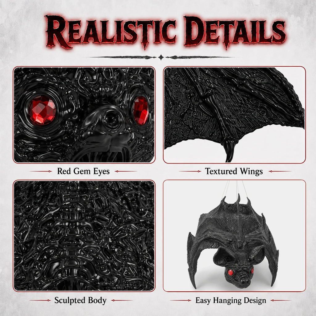 Close-up of the Red-Eyed Hanging Bat Decoration, showing texture and construction details