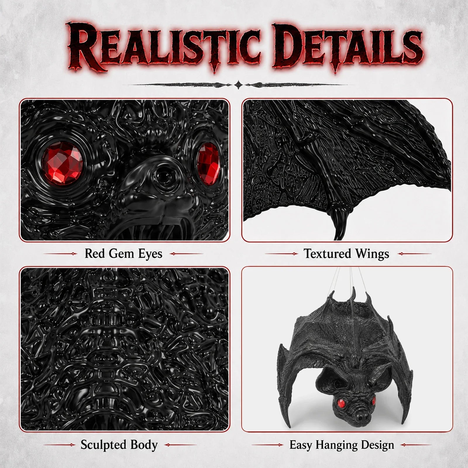 Close-up of the Red-Eyed Hanging Bat Decoration, showing texture and construction details
