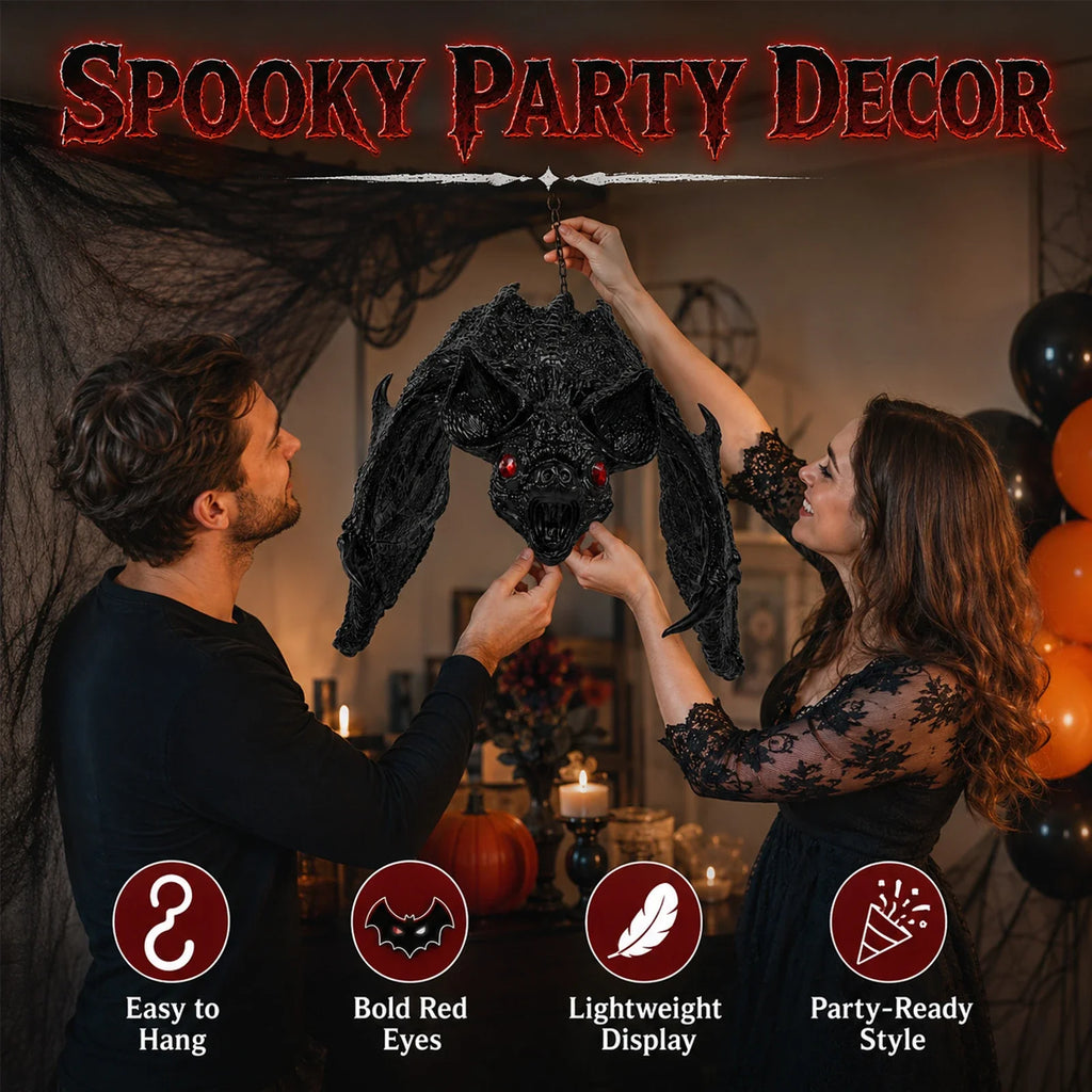 Included pieces and key product features for the Red-Eyed Hanging Bat Decoration