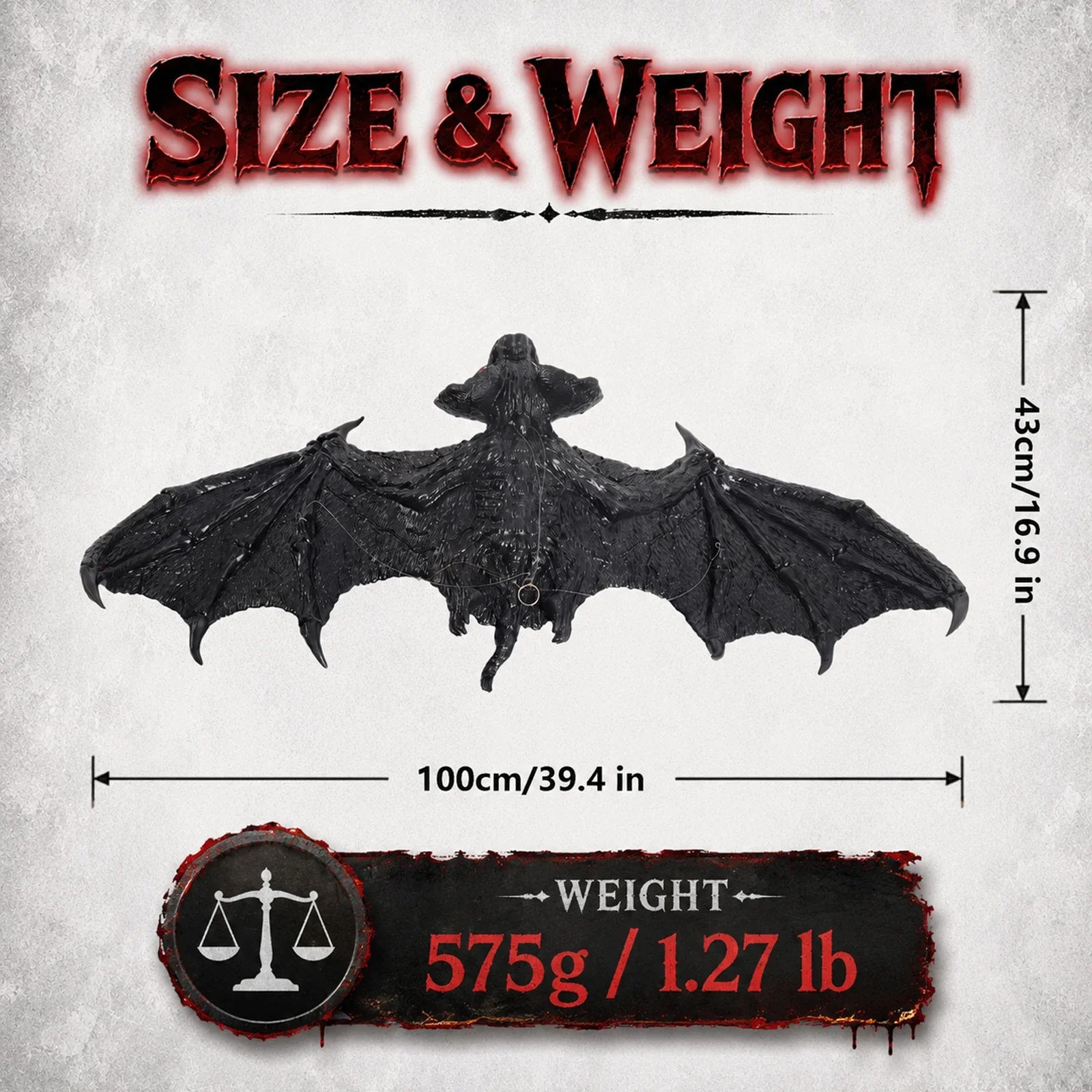 Size guide for the Red-Eyed Hanging Bat Decoration, with product and package measurements