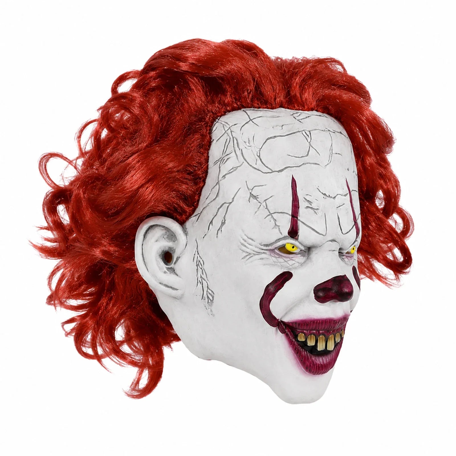 Front and three-quarter views of the Red-Haired Cracked Face Clown Mask