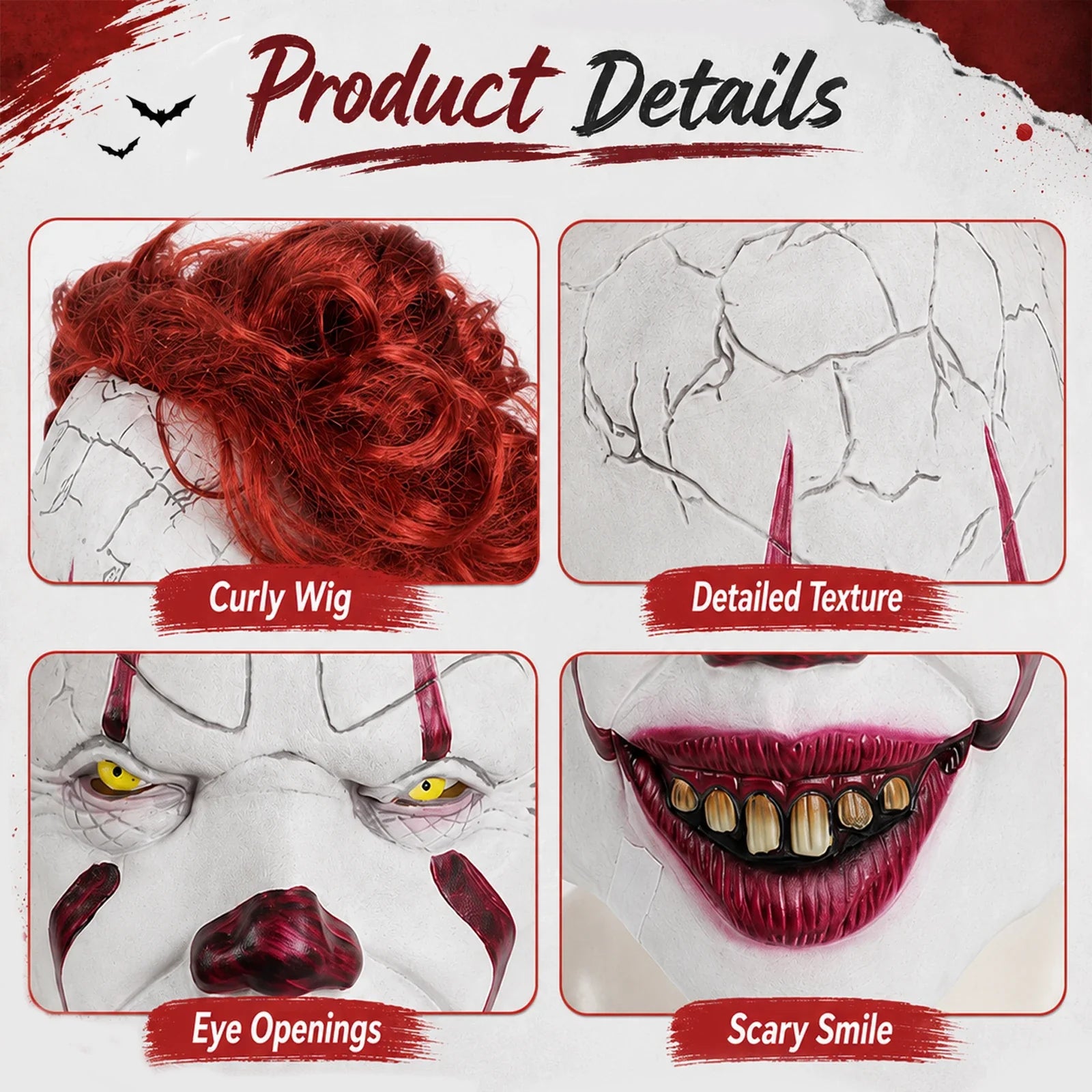 Close-up of the Red-Haired Cracked Face Clown Mask, showing texture and construction details