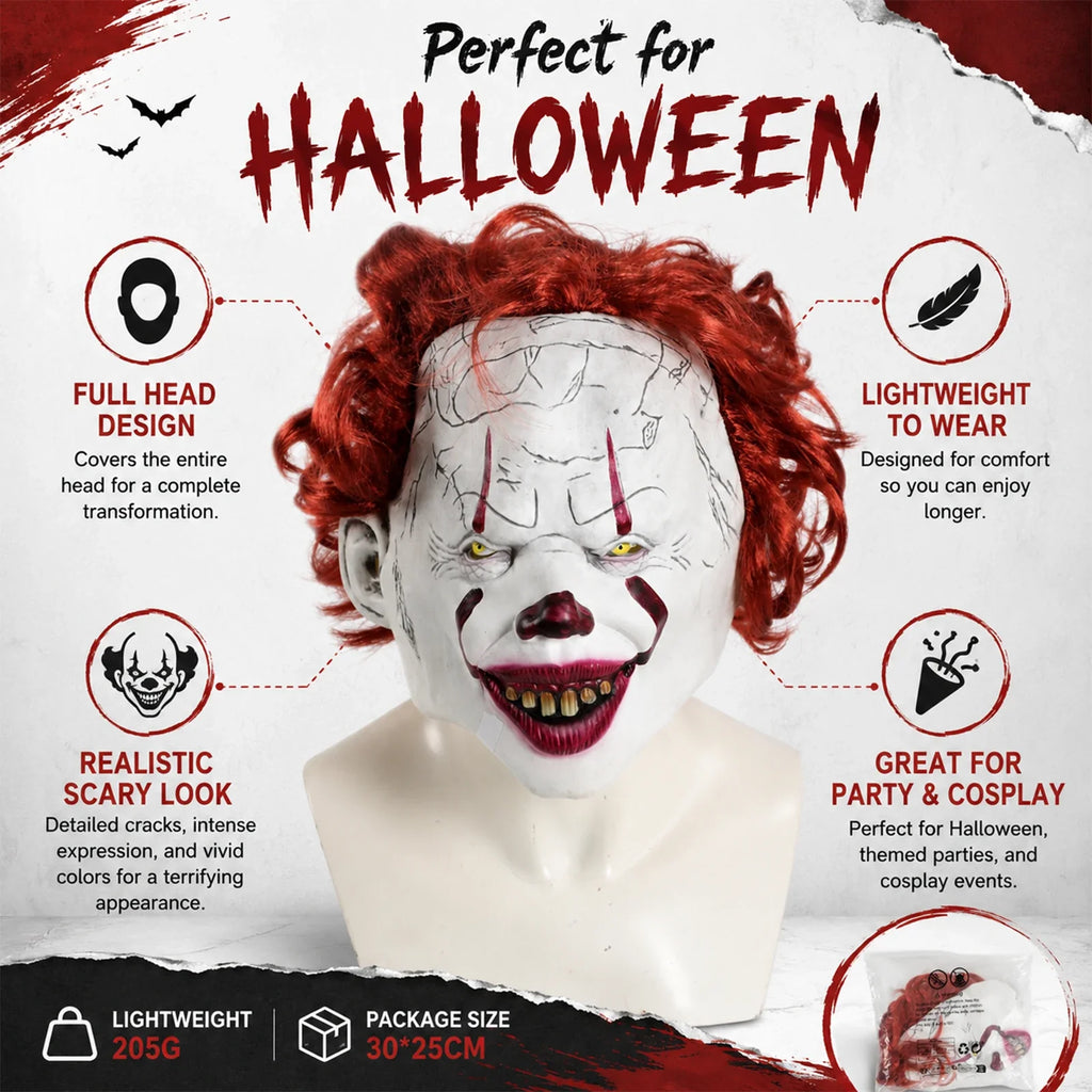 Included pieces and key product features for the Red-Haired Cracked Face Clown Mask