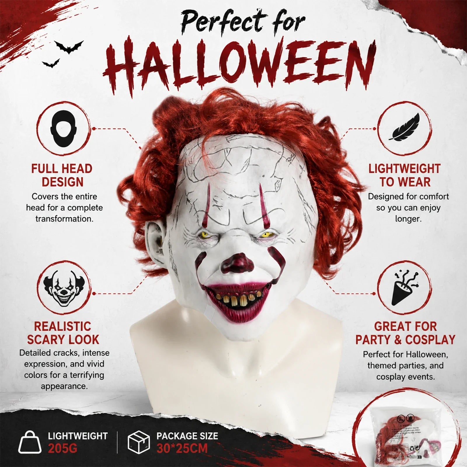 Included pieces and key product features for the Red-Haired Cracked Face Clown Mask