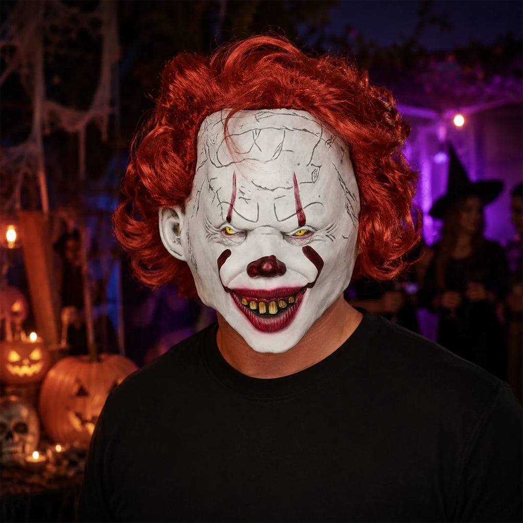 Model wearing the Red-Haired Cracked Face Clown Mask in a Halloween costume setting