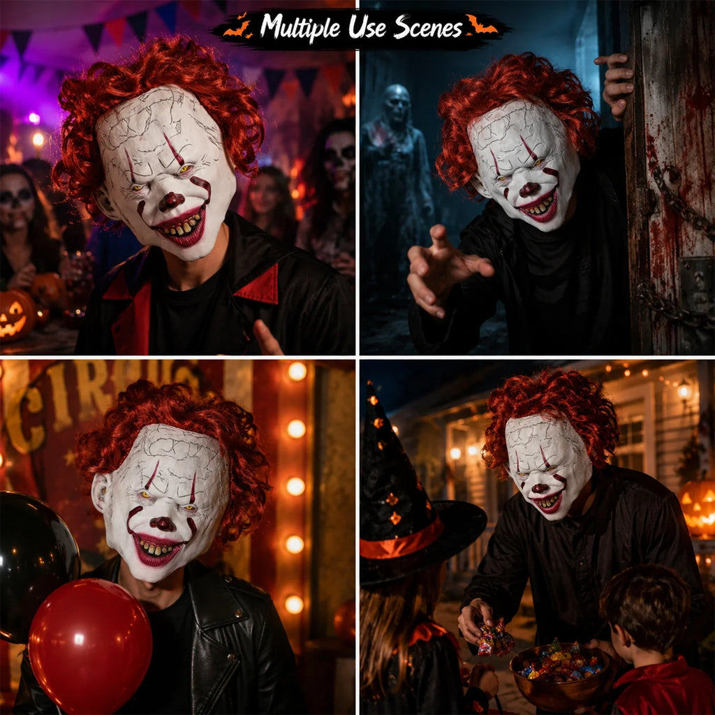 The Red-Haired Cracked Face Clown Mask shown in a second Halloween scene