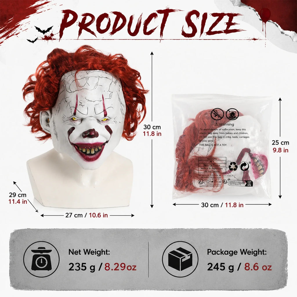 Size guide for the Red-Haired Cracked Face Clown Mask, with product and package measurements