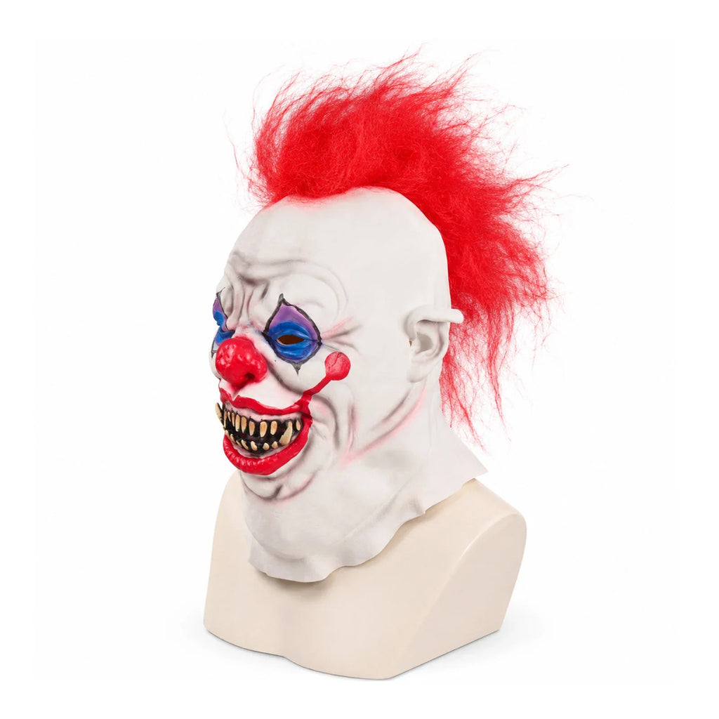 Front and three-quarter views of the Red Mohawk Evil Clown Mask