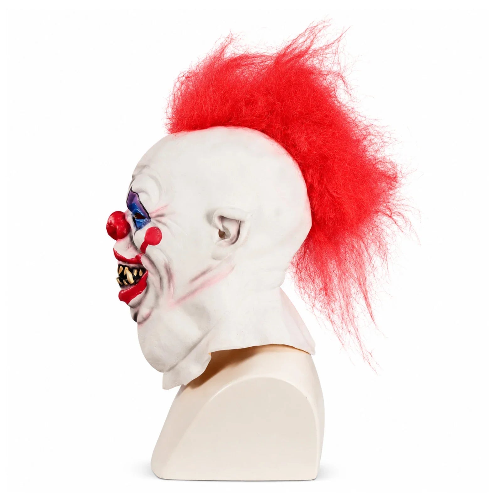 Side and rear views of the Red Mohawk Evil Clown Mask