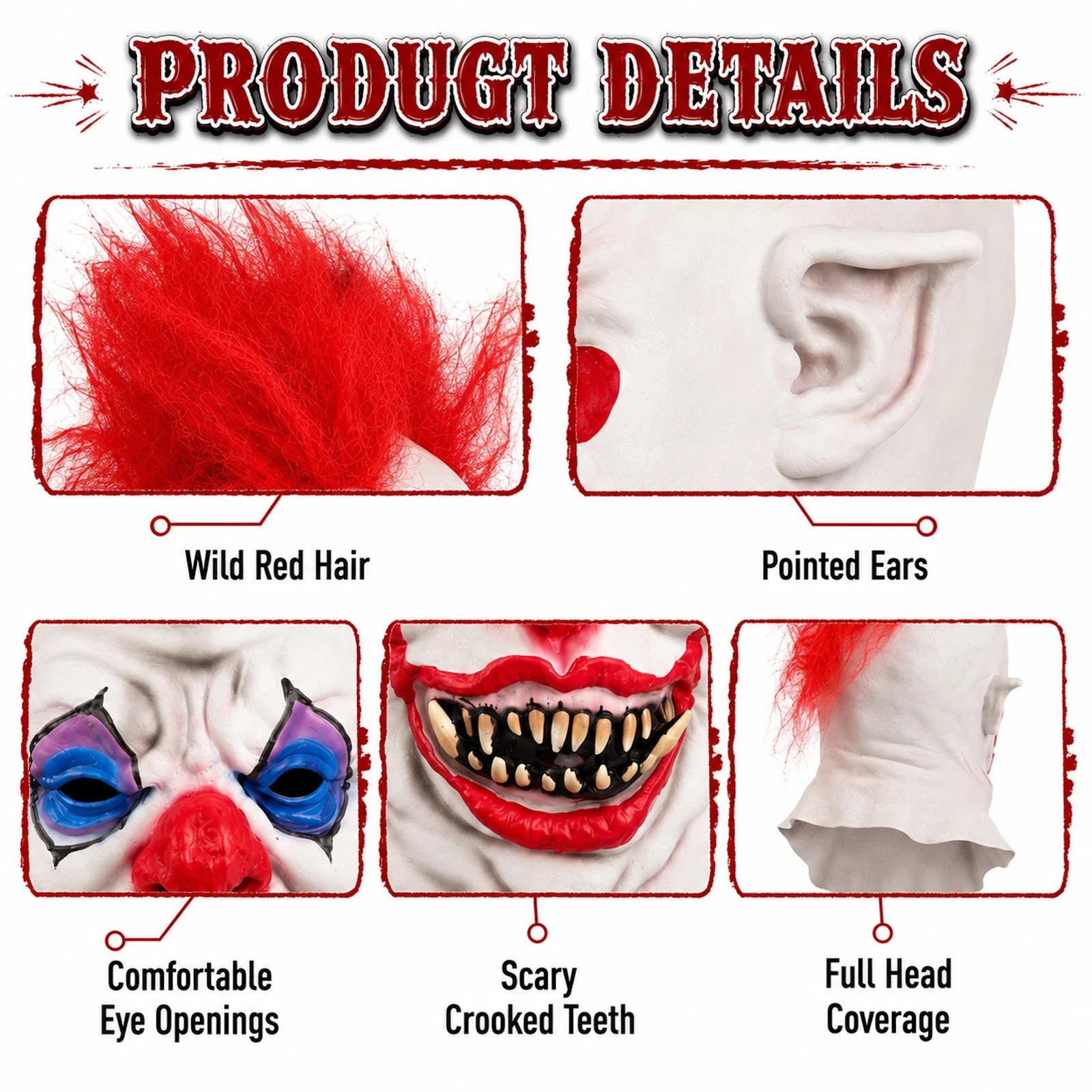 Close-up of the Red Mohawk Evil Clown Mask, showing texture and construction details